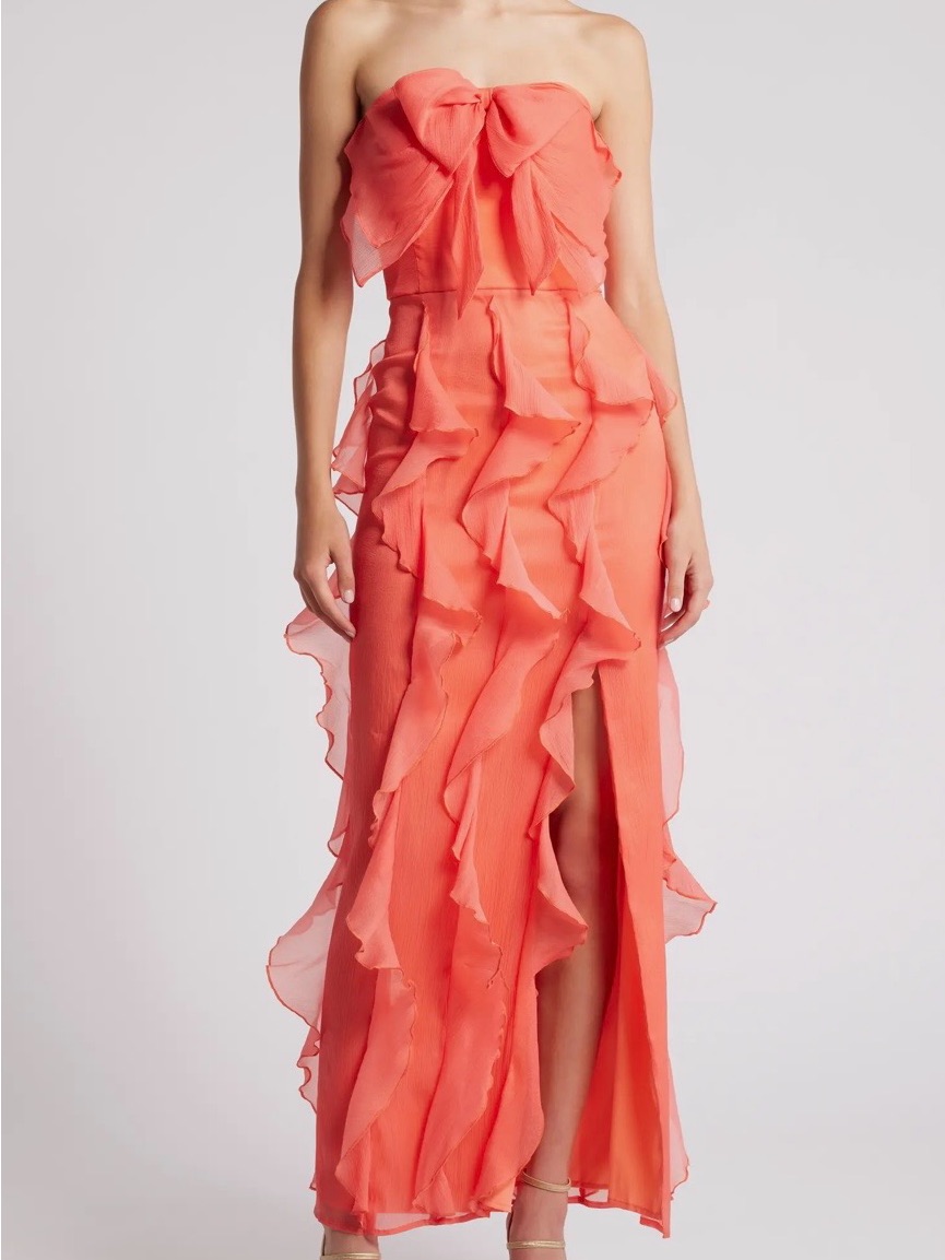Hutch Allover Ruffle Coral Strapless Gown